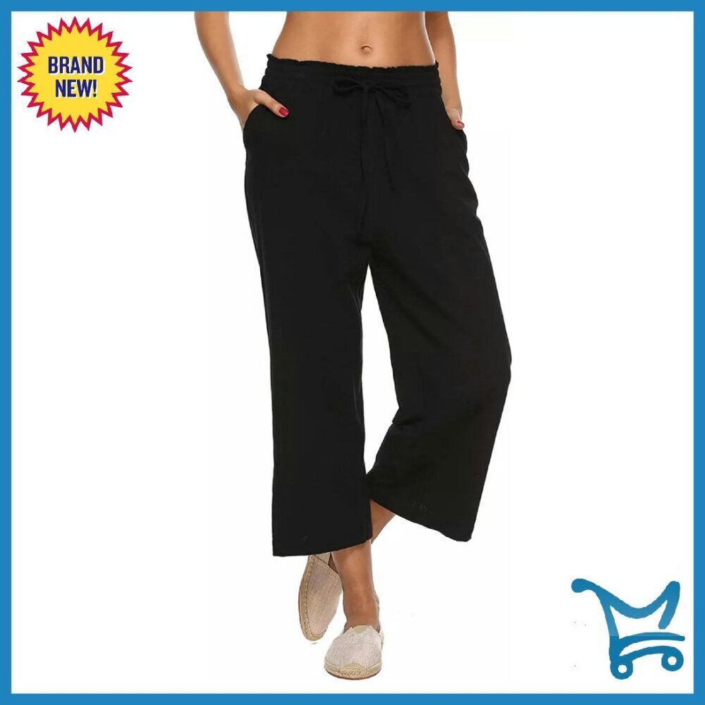 Linen Capri Pants Wide Leg High Waist Drawstring Casual Cropped